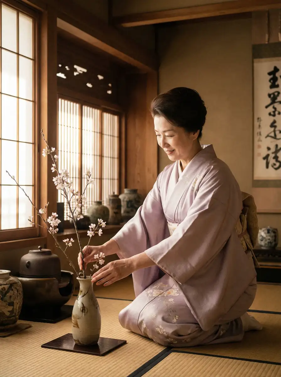 一位优雅的 蜜桃传媒 在和室中插花